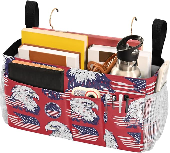 American Flag Bald Eagle Red Bedside Caddy for Dorm Bed Bedside Hanging Caddy Bag Iron Frame Storage Organizer Pocket for Bunk Home College Hospital Beds 2 Hooks