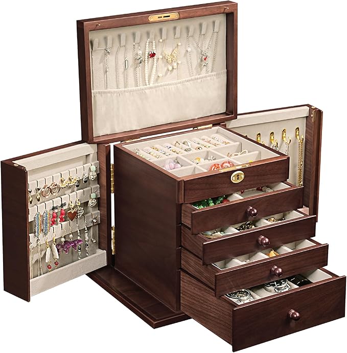 Wooden Jewelry Boxes for Women with Lock,Large Capacity Jewelry Boxes & Organizers,Vintage jewelry organizers and storage,dresser top jewelry organizer,Gift for Wives & Mothers