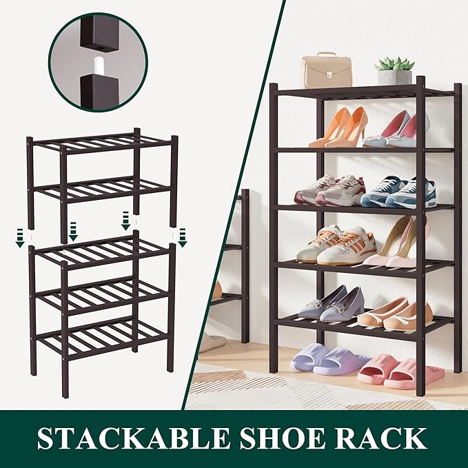 Smiry Bamboo Shoe Rack for Closet, 3 Tier Long Wooden Stackable Shoe Organizer, Free Standing Shoes Storage Shelf for Entryway, Front Door Entrance, Black