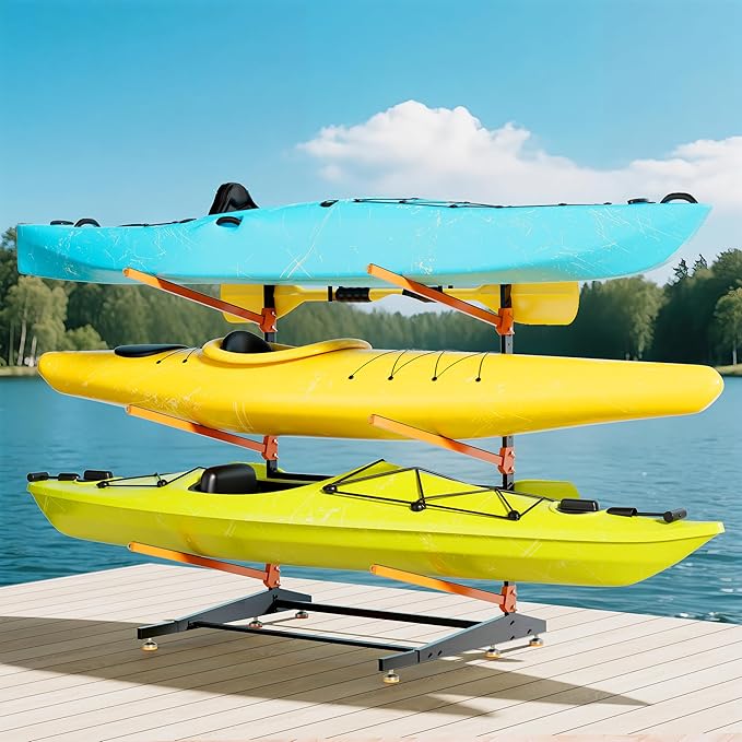 Kayak Storage Rack, Adjustable Outdoor Canoe Rack, Reinforced, Thickened, and Enhanced Rust Resistance, Holds 330 lbs, for Safe Dock and Outdoor Kayak Storage(3-Tier, Orange)