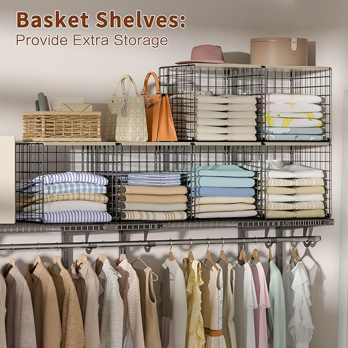 3PCS Stackable Closet Organizers and Storage, Shelves with Wood Top Extra Storage, Clothes Organizer Basket, Bin, or Tube for Wardrobe and Home Organization (Black-Sturdy Metal) Patent Pending