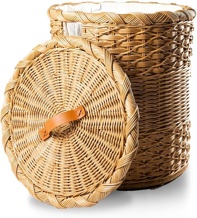 The Basket Lady Round Wicker Laundry Hamper, Extra Large, 23 in Dia x 28 in H, Sandstone