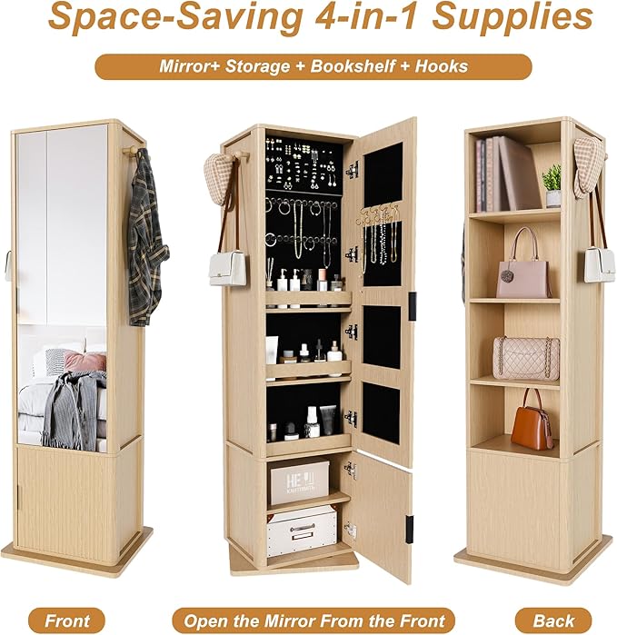 Montary 360° Rotating Makeup & Jewelry Cabinet with Full-Length Mirror - Standing Storage Organizer with Coat Rack, 4-Tier Open & Built-in Shelves, Walnut