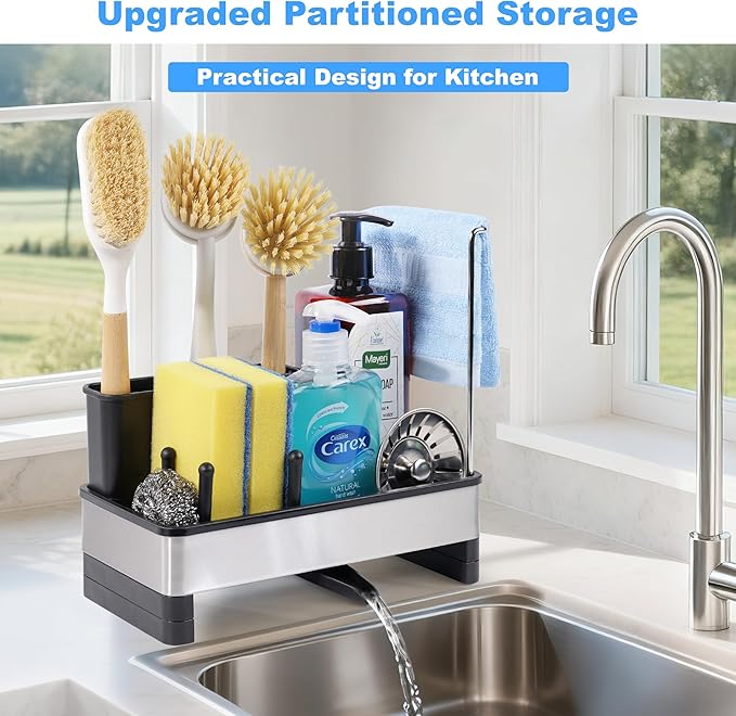 Kitchen Sink Caddy Organizer with Dish Brush Holder, Stainless Steel Sponge Holder with Dish Cloth Rack, Soap Sponge Caddy for Kitchen Countertop Sink Organizer and Storage Essentials