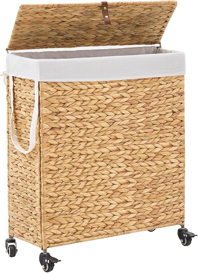 Rolling Laundry Hamper with Lid and Wheels, Slim Laundry Basket with Removable Liner Bag & 2 Mesh Bags, Handwoven Water Hyacinth Clothes Hamper for Bedroom Bathroom (Natural, 85L)