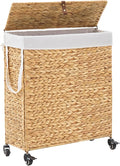 Rolling Laundry Hamper with Lid and Wheels, Slim Laundry Basket with Removable Liner Bag & 2 Mesh Bags, Handwoven Water Hyacinth Clothes Hamper for Bedroom Bathroom (Natural, 85L)