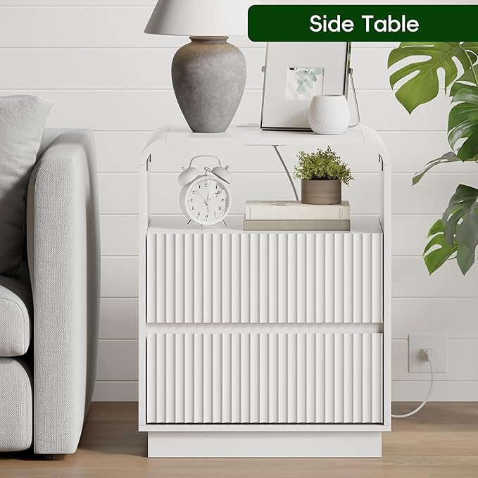 White Nightstands Set of 2 with Charging Station, Mid Century Modern End Tables & Bedside Tables, Fluted Wood Small Night Stands with 2 Hidden Drawers and Storage Shelf for Bedroom