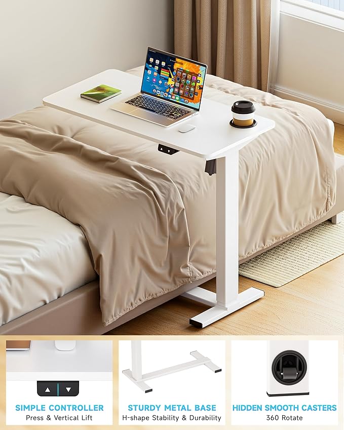 BIZUM Small Electric Standing Desk Bedside Table with Hidden Wheels 31.5 x 15.8 Inch Adjustable Computer Laptop Office Desk, White