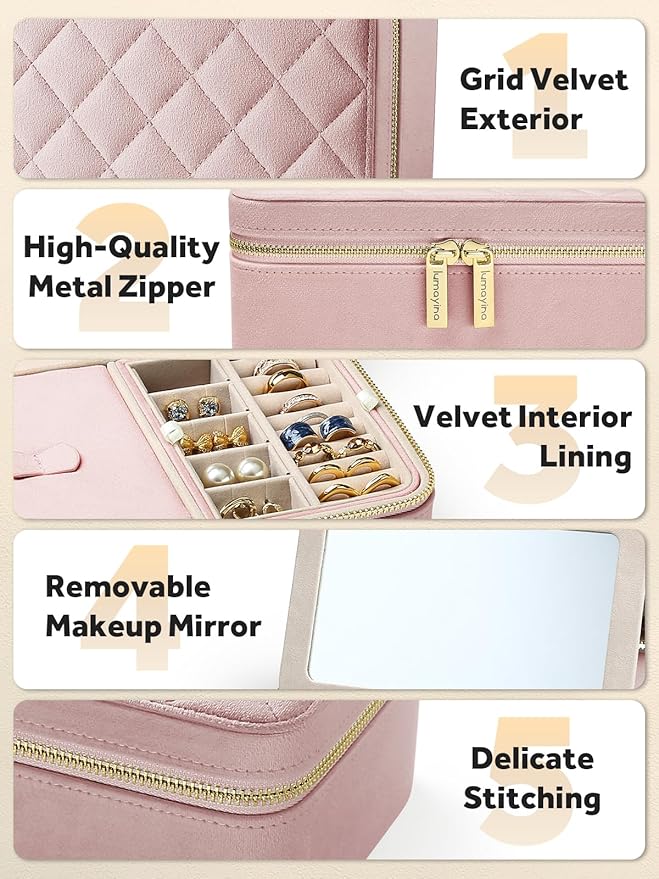 Velvet Travel Jewelry Box with Large Mirror, Double-Layer Jewelry Organizer Case for Women and Girls, Portable Storage Case with 6 Anti-Tarnish Bags Gift Ready for Her (Blush Pink)
