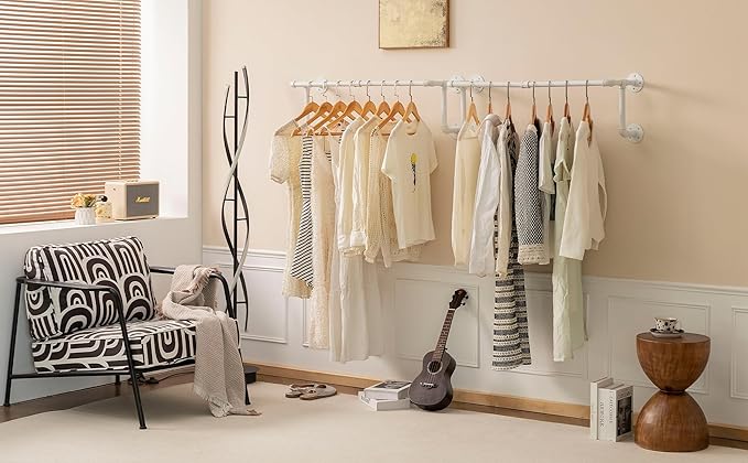 Clothes Racks, Industrial Pipe Clothing Racks for Hanging Clothes, Wall Mounted Heavy Duty Space Saving Garment Racks, Multi-Purpose Clothing Hanging Rods for Closet Storage, White, 2Pcs