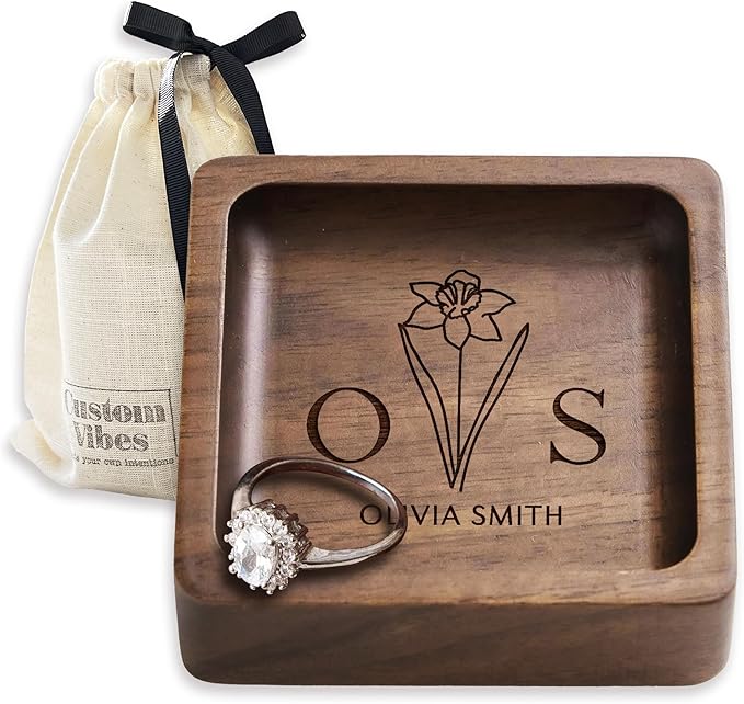 Walnut Wood Ring Holder (Customize), Engraved Jewelry Dish and Storage Tray, Personalized Gift for Her, Valentine’s Day Gift