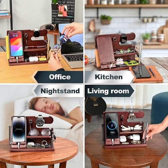 TESLYAR Wood Phone Docking Station for Men - Desk or Nightstand Organizer - Birthday Gifts for Husband, Dad - Anniversary Idea from Wife - Key Holder, Stand Wallet, Watch & Essentials (Mahogany)