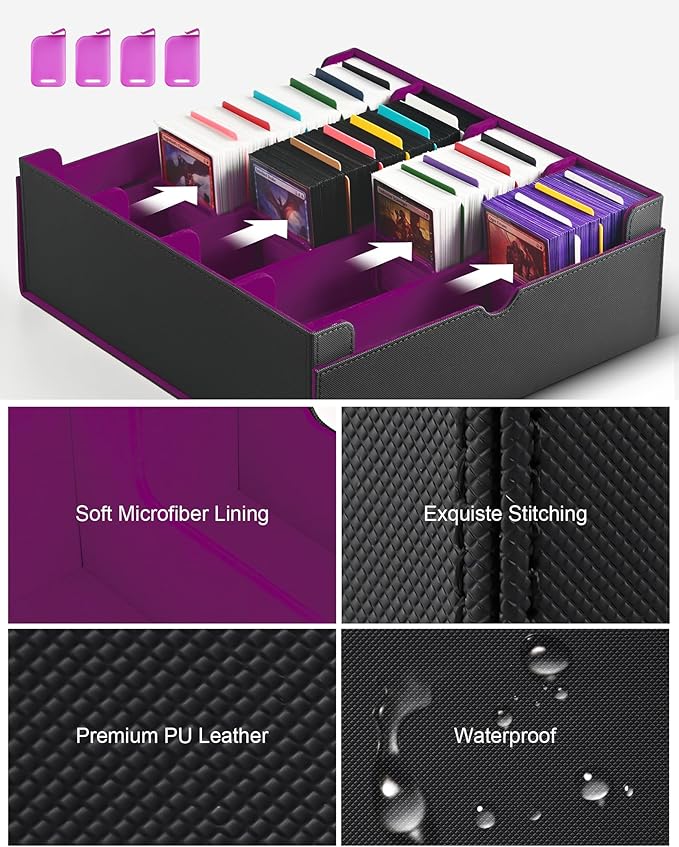 ZLCA Card Storage Box for MTG PTCG, Commander Deck Box Holds 3200+ Cards, Trading Card Storage Case with 4 Stoppers, Card Organizer for TCG Sport Cards(Black&Purple)