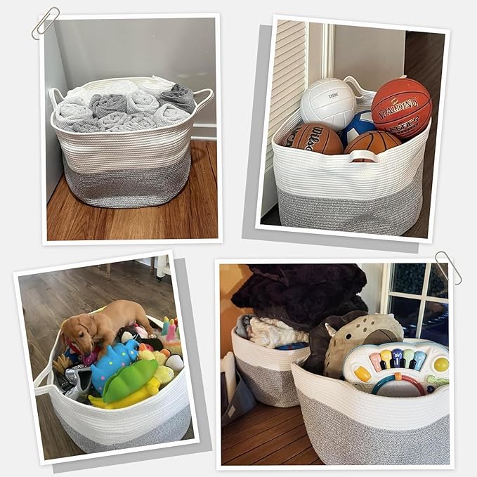 INDRESSME Large Storage Basket, 21.7'' x 13.8'' Cotton Rope Blanket Basket Living Room, Toy Organizers and Storage with Handles for Kids, Laundry Baskets for Clothes, Towel, 90L Grey