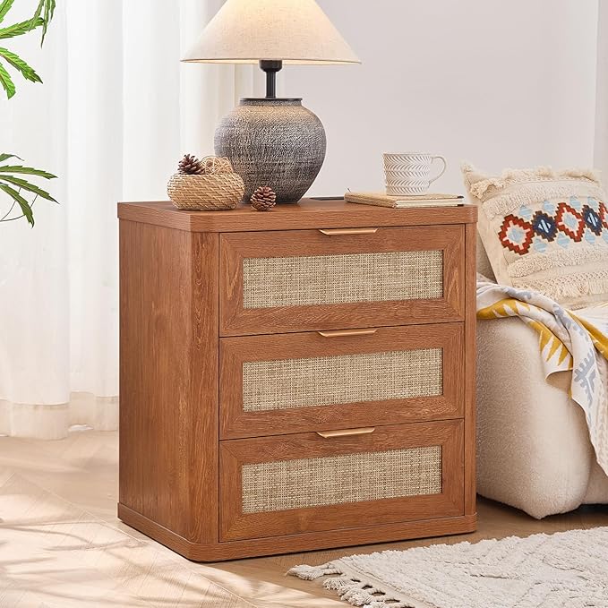 LEYAOYAO Rattan Night Stand Set of 2 with Charger Station, 23" Large 3 Drawer Boho Nightstand, Tea Brown Bedside Table Storage Cabinet, Bed Side End Tables for Bedroom, Living Room, Hallway