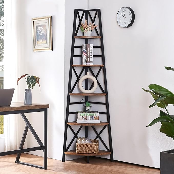 HOMBAZAAR 72 Inch Tall Corner Shelf, 5 Tier Corner Ladder Bookshelf, Tall Corner Bookcase with Metal Frame, Rustic Shelf Stand for Living Room, Bedroom, Office, Rustic Brown