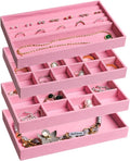 Frebeauty Jewelry Organizer Tray,Stackable Velvet Jewelry Trays,Drawer Inserts Earring Organizer For Women Jewelry Storage Display Case for Rings Stud Necklaces,Set of 4(Pink)