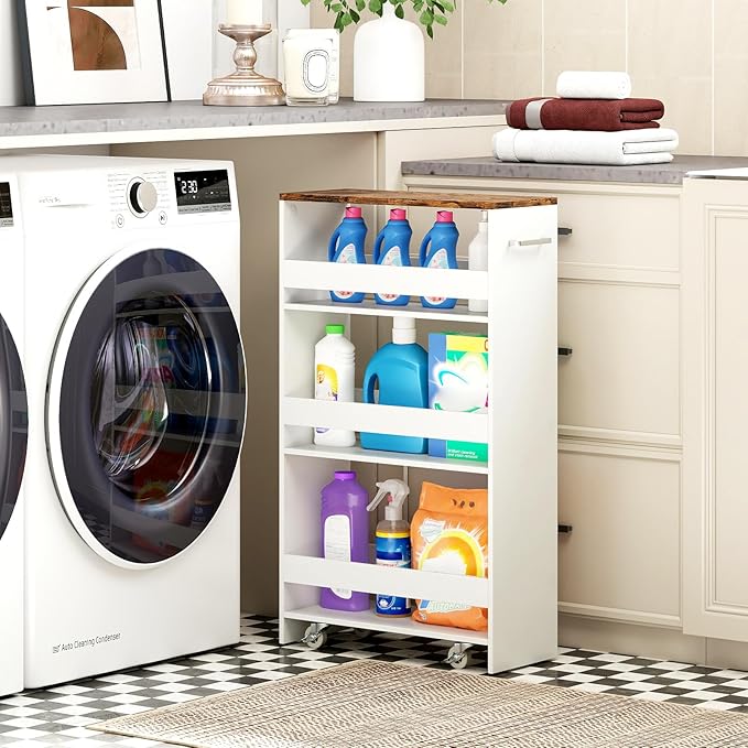 Small Kitchen Cart, 4-Tier Slim Rolling Island w/Handle, Laundry Room Storage Organizers Between Washer and Dryer, Narrow Spice Rack on Wheels Next to Fridge (White & Rustic Brown, 8'')