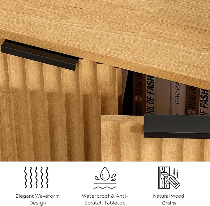 Fluted Corner Cabinet, Modern Small Corner Floor Cabinet with 2 Doors and 2-Tier Shelves, Freestanding Narrow Organizer for Living Room Kitchen Bathroom, Natural Oak