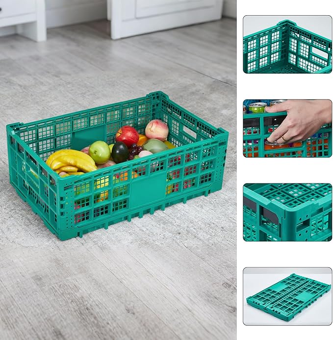Collapsible Storage Crates, 52 Liter Heavy Duty Foldable Plastic Crates , Storage Baskets and Bins 23.6" L x 15.7" W x 8.6" H Stackable Dairy Milk Crates for Office, Home, Toy Storage