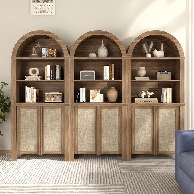 Yechen Arched Bookcase, 70.5" Tall Bookcase with Storage, Mid-Century Modern 5 Tier Bookshelves with Door, Boho Rattan Bookshelf for Living Room Kitchen Office Bedroom Library, Natural Walnut,3 PCS