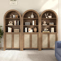 Yechen Arched Bookcase, 70.5" Tall Bookcase with Storage, Mid-Century Modern 5 Tier Bookshelves with Door, Boho Rattan Bookshelf for Living Room Kitchen Office Bedroom Library, Natural Walnut,3 PCS