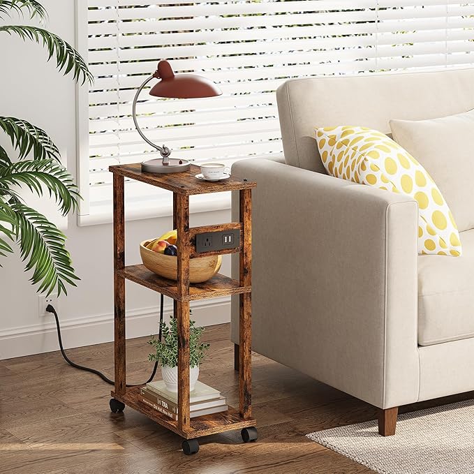 TUTOTAK Small Narrow Side Table with Charging Station, Skinny End Table for Small Spaces, Slim Nightstand with USB Ports and Outlet, Sofa Beside Table with Wheels, Rustic Brown TB01BB046C