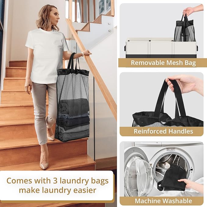 180L Laundry Hamper 3 Section, Large Laundry Basket with Lid, Laundry Basket Organizer with Handles, Divided Clothes Hampers for Laundry, Bedroom, Bathroom, White & Black