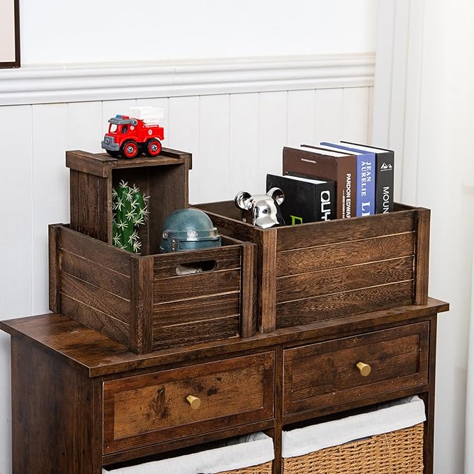 Large Vintage Brown Wooden Crates For Storage,Nesting Handmade Solid Wood Vintage Black Wood Storage Boxes.Storage Crates For Organizing.