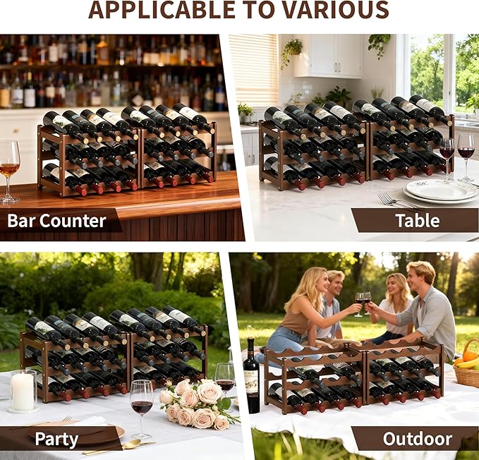 Wine Rack Bamboo Wine Racks Countertop,Sturdy Wine Rack for Inside Cabinet & Freestanding Floor,2 Set of 3-Tier 12 Bottles Racks for Kitchen,Cabinets,Home Bar,Wine Storage Racks(3-Tiers)