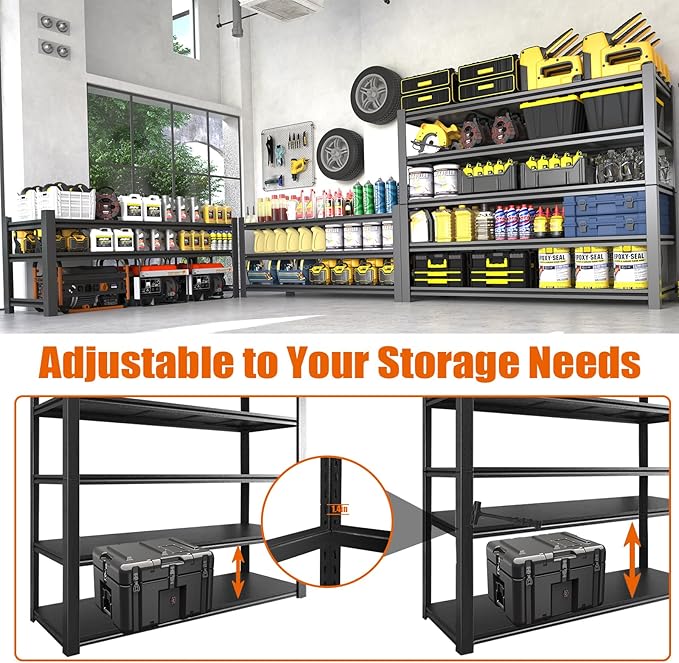 60" W Garage Shelving Heavy Duty Metal Shelving 3000LBS Storage Shelves Adjustable 5 Tier Metal Shelves for Storage Industrial Shelves for Garage, Warehouse, 24.2" D x 60'' W x 72'' H, 4 Pcs