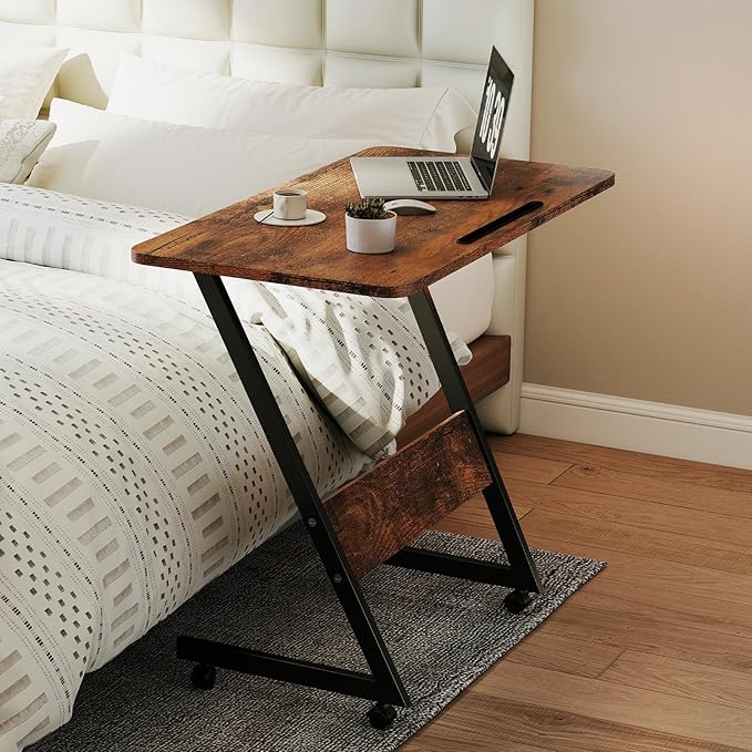 Overbed Bedside Table with Wheels,Small Desk Portable Rolling,Overbed Table Home Use, Portable Computer Stands,Movable Desk (Rustic Brown)