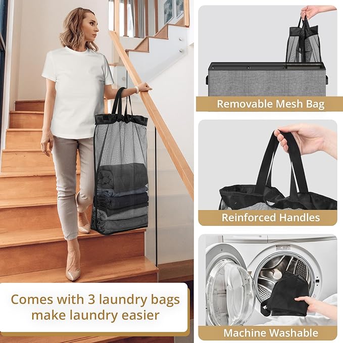 180L Laundry Hamper 3 Section, Large Laundry Basket with Lid, Laundry Basket Organizer with Handles, Grey Divided Laundry Baskets, Clothes Hampers for Laundry, Bedroom, Bathroom