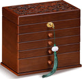 Vintage Wooden Jewelry Box with Dual Key Lock, Carved Top, Necklace Hooks – Antique Jewelry Organizer for Dresser Tabletop, Jewelry Storage Boxes for Women