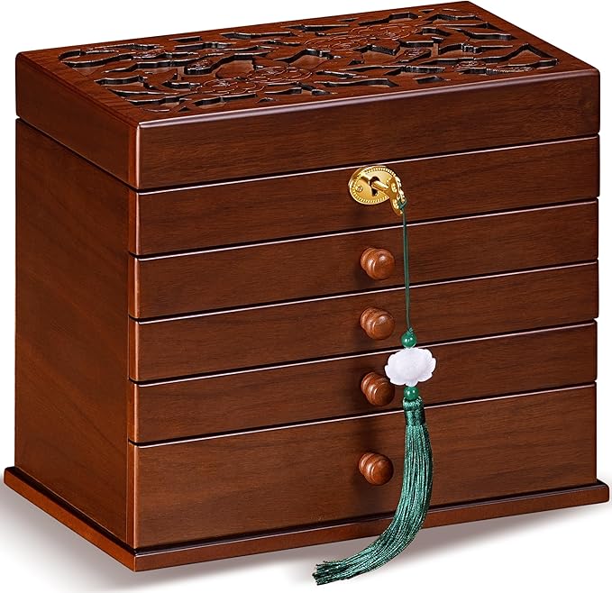 Vintage Wooden Jewelry Box with Dual Key Lock, Carved Top, Necklace Hooks – Antique Jewelry Organizer for Dresser Tabletop, Jewelry Storage Boxes for Women