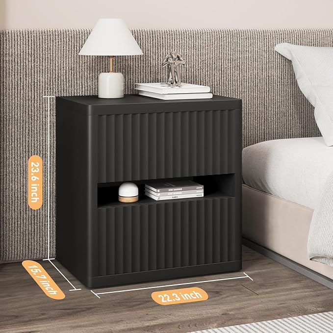 Dripex Fluted Nightstand with 2 Drawers, Large Wide Wood Night Stand Bedside Tables for Bedroom, Mid-Century Modern Storage Bed Side Table, End Tables for Living Room Sofa Couch, Black, Set of 1