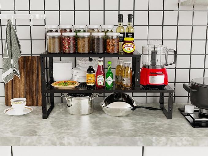 Adjustable Expanable Stackable Spice Rack Shelf Pantry Storage Organizer for Kitchen Cabinet,Countertop,Bathroom and More.Space is no Longer Limited(1Pack/Black/Medium)
