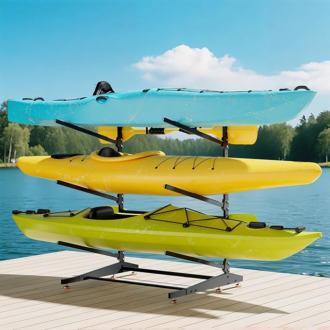 Kayak Storage Rack, Adjustable Outdoor Canoe Rack, Reinforced, Thickened, and and Enhanced Rust Resistance, Holds 330 lbs, for Safe Dock and Outdoor Kayak Storage(3-Tier, Black)