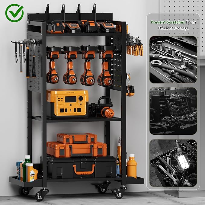 Power Tool Organizer Rolling Cart with Charging Station, Garage Floor Stand Rolling Tool Storage Rack with Charging Power Strip, Garage Storage Heavy Duty Utility Shelf with Wheels