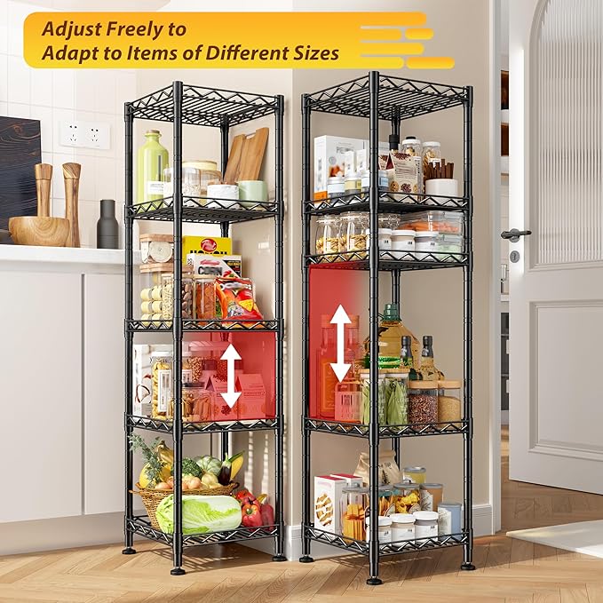 5 Tier Metal Shelving Unit Wire Shelves Storage Rack:Adjustable Storage Shelves Standing Bathroom Shelf and Narrow Shelf for Laundry Dorm Kitchen Pantry Closet Office 12''Wx12''Dx49''H Black