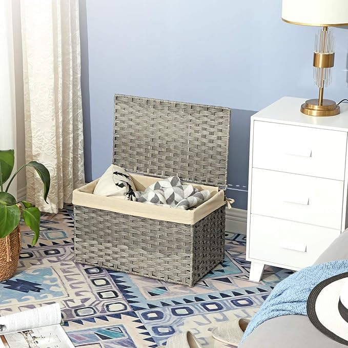 SONGMICS Storage Basket with Lid, Woven Blanket Storage Bin with Handles, Foldable, Removable Liner, Metal Frame, for Bedroom, Laundry Room, 17.2 Gallons (65 L), Gray URST56WG
