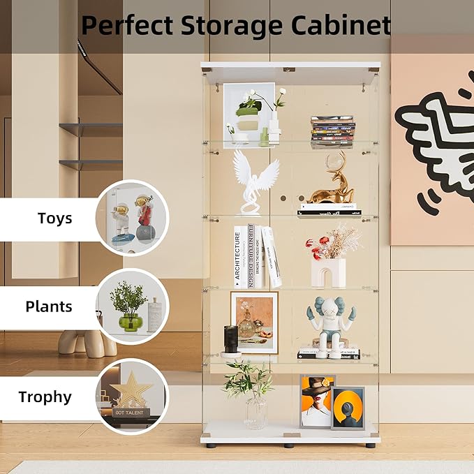 Beauty4U Glass Display Cabinet with 5 Shelves, Curio Cabinets for Living Room, Bedroom, Office, White Floor Standing Glass Bookshelf, Quick Installation