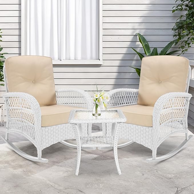 VIVIJASON 3-Piece Outdoor Conversation Bistro Set, Patio Wicker Rocking Chairs Rattan Furniture Sets w/ 2 Rattan Chairs, Cushions, Glass Top Side Table for Garden Porch Backyard (White Wicker/Beige)