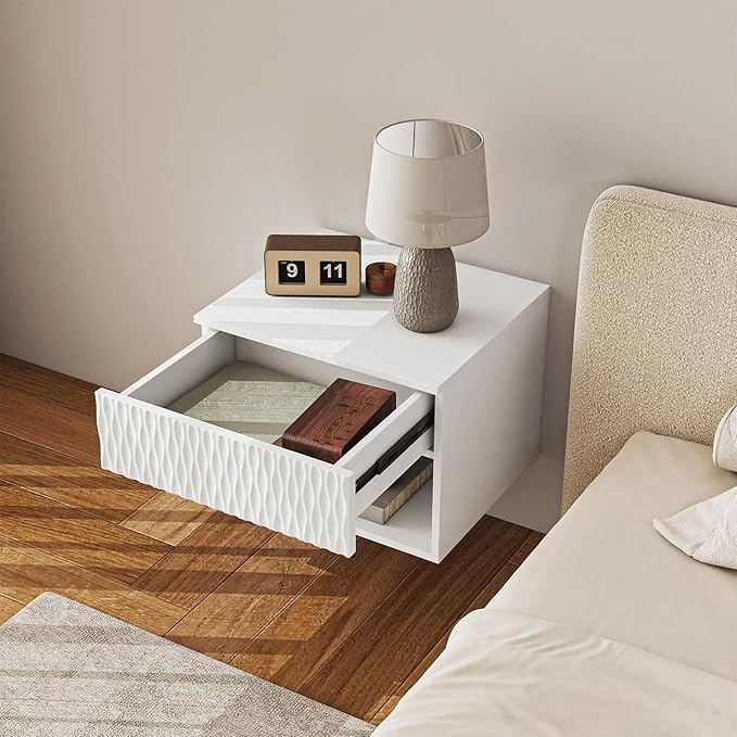 Floating Nightstand Set of 2,Modern Bedside Tables with for Bedroom,Small Night Stands with Drawer and Open Shelf, Wall Mounted End SideTables Set for Living Room