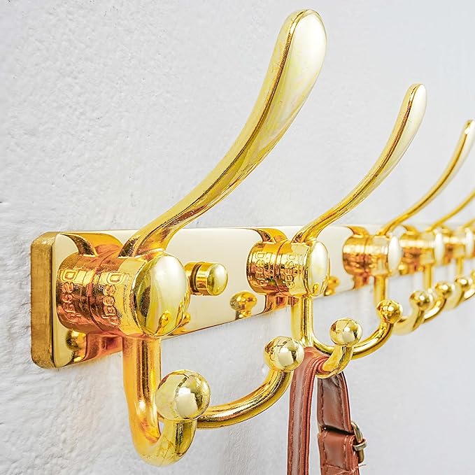 Dseap MaxStrong 2.0 Coat Rack Wall - 37” Long 10 Tri Hooks - Ultra Heavy-Duty Stainless Steel Wall Mount Coat Hanger, Hook Rail for Clothes Hats Jacket Towels Gold
