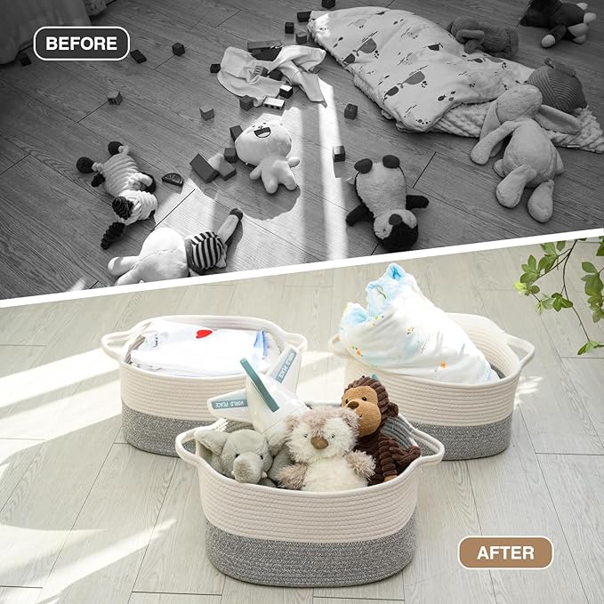 DUHEL Cotton Rope Woven Storage Basket, Used for Baby Hamper Toy Organizer, Gift Baskets Empty,Kids Laundry Basket,Baby Blanket Basket. Size 15x10x8.7 Inches. (White&Grey-3PCS)