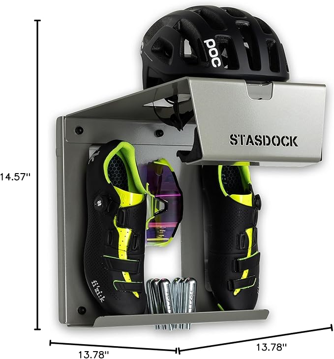 Stasdock Wall Bike Rack | Bike Storage Wall Mount System | For Race Bicycles (Silver Metallic) and Mountain Bikes | Bike Shelf | Indoor bike wall bracket | Stores helmet and shoes | Home and Garage