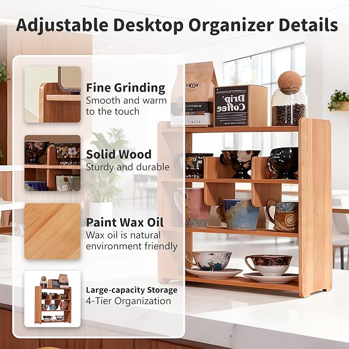 Coffee Cup Holder for Countertop Walnut Wood Coffee Mugs Holder for Kitchen Mug Display Rack (4-Tier wood B)