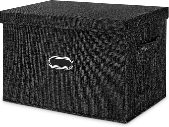 Large Linen Fabric Foldable Storage Bins with Removable Lid and Handles, Washable Storage Box Organizer Containers Baskets Cube with Cover for Bedroom,Office(Black, Medium)