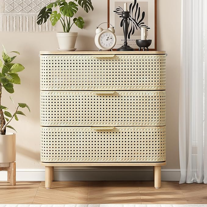 ORRD 3 Drawer Dresser Set of 2, Modern Iron Rattan Cabinet Dresser for Bedroom, Large Nightstand Accent Storage Chest of Drawers for Living Room, Bedroom - Natural